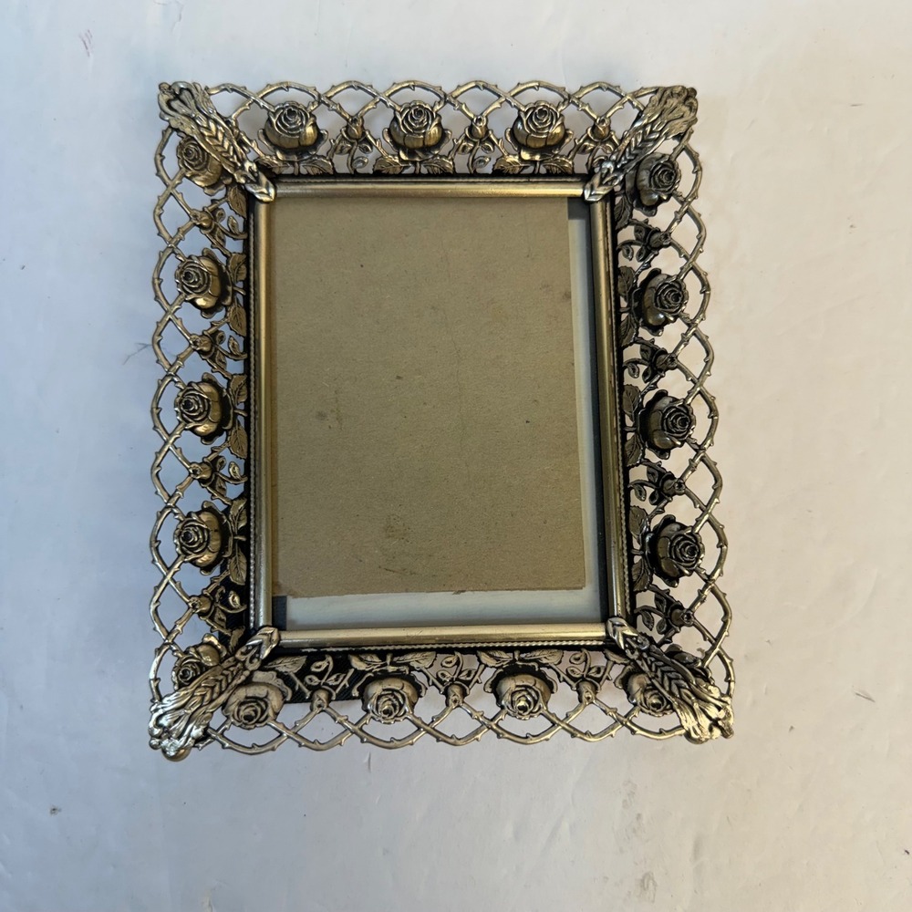 Vintage Gold Tone Ornate Rose Filigree Metal Picture Frame 3.5x2.5 Tabletop